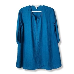 EILEEN FISHER 100% linen long line tunic‎ blouse in sea glass Lagenlook size XS